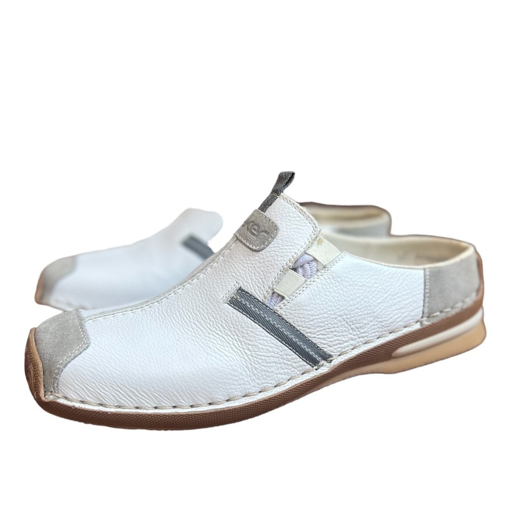 Rieker Men's European style slip on shoes in white with gray trim.